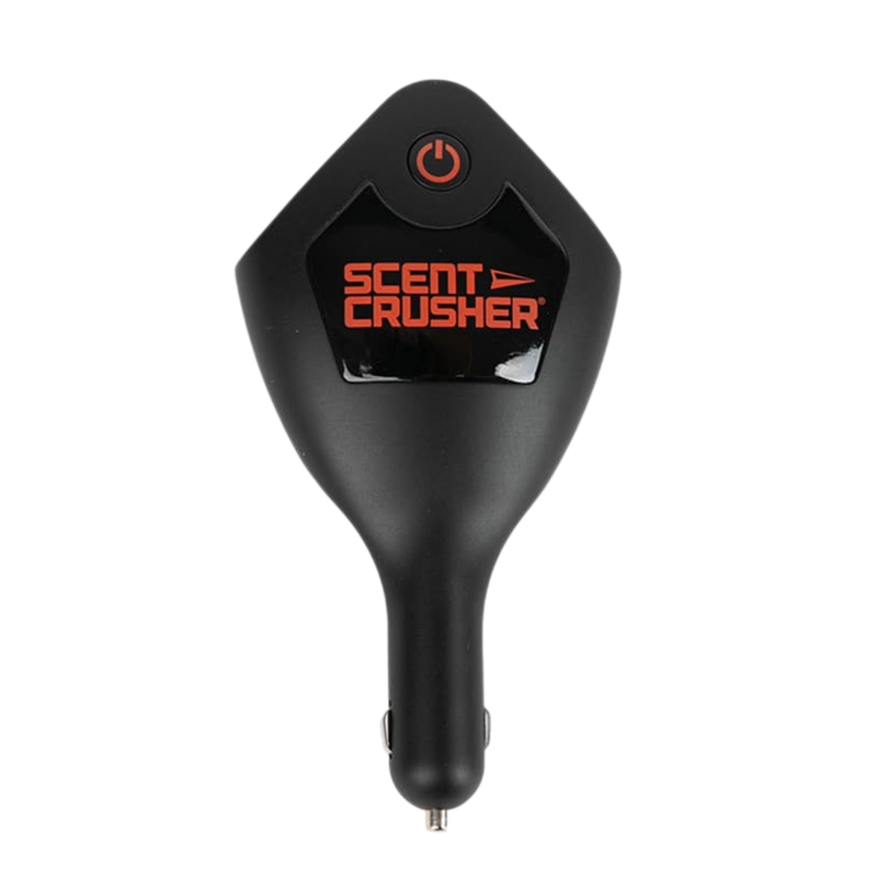 Black Scent Crusher Ozone Go Super Max vehicle plug-in with orange power symbol.