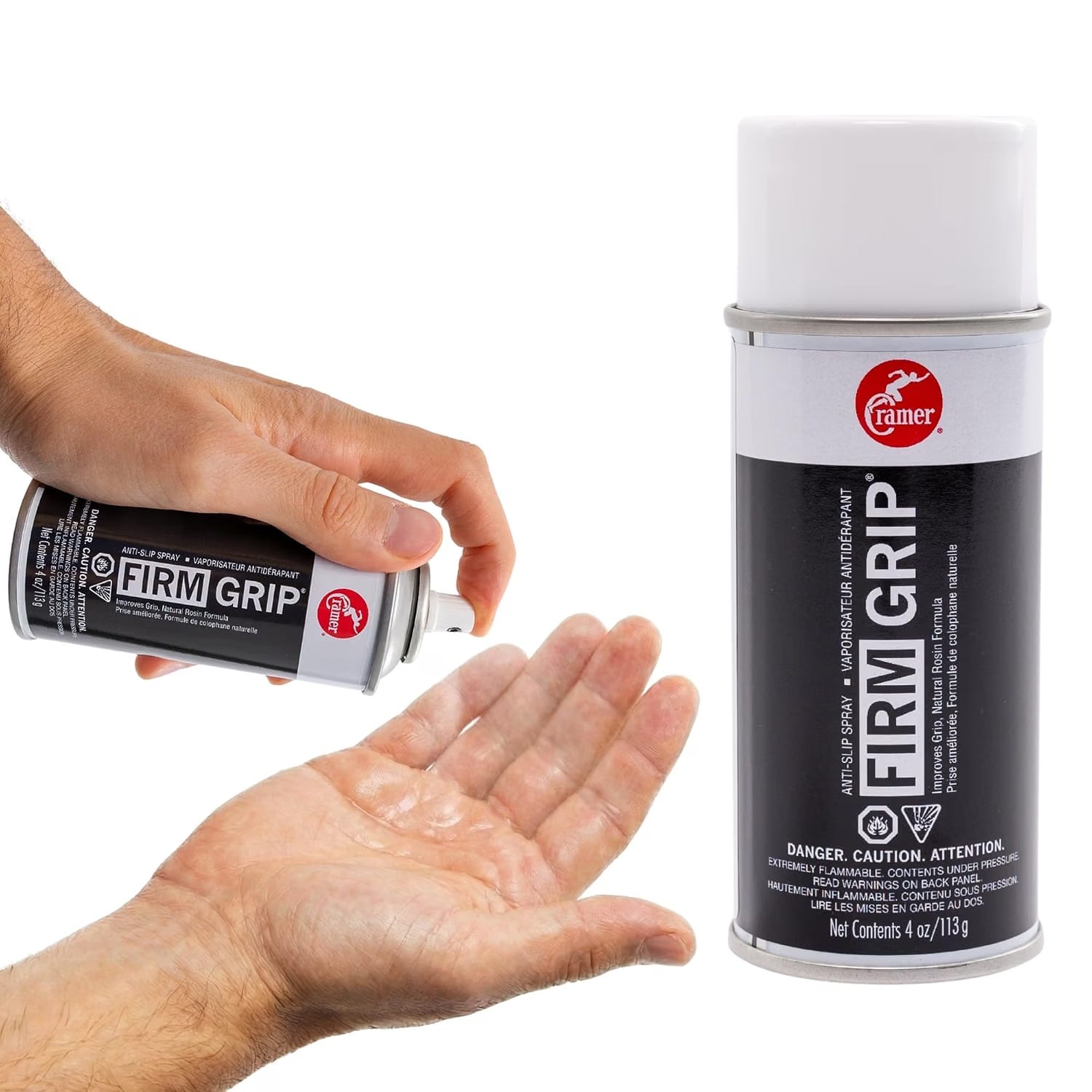 Cramer Firm Grip anti-slip spray shown beside hands applying the natural rosin formula.