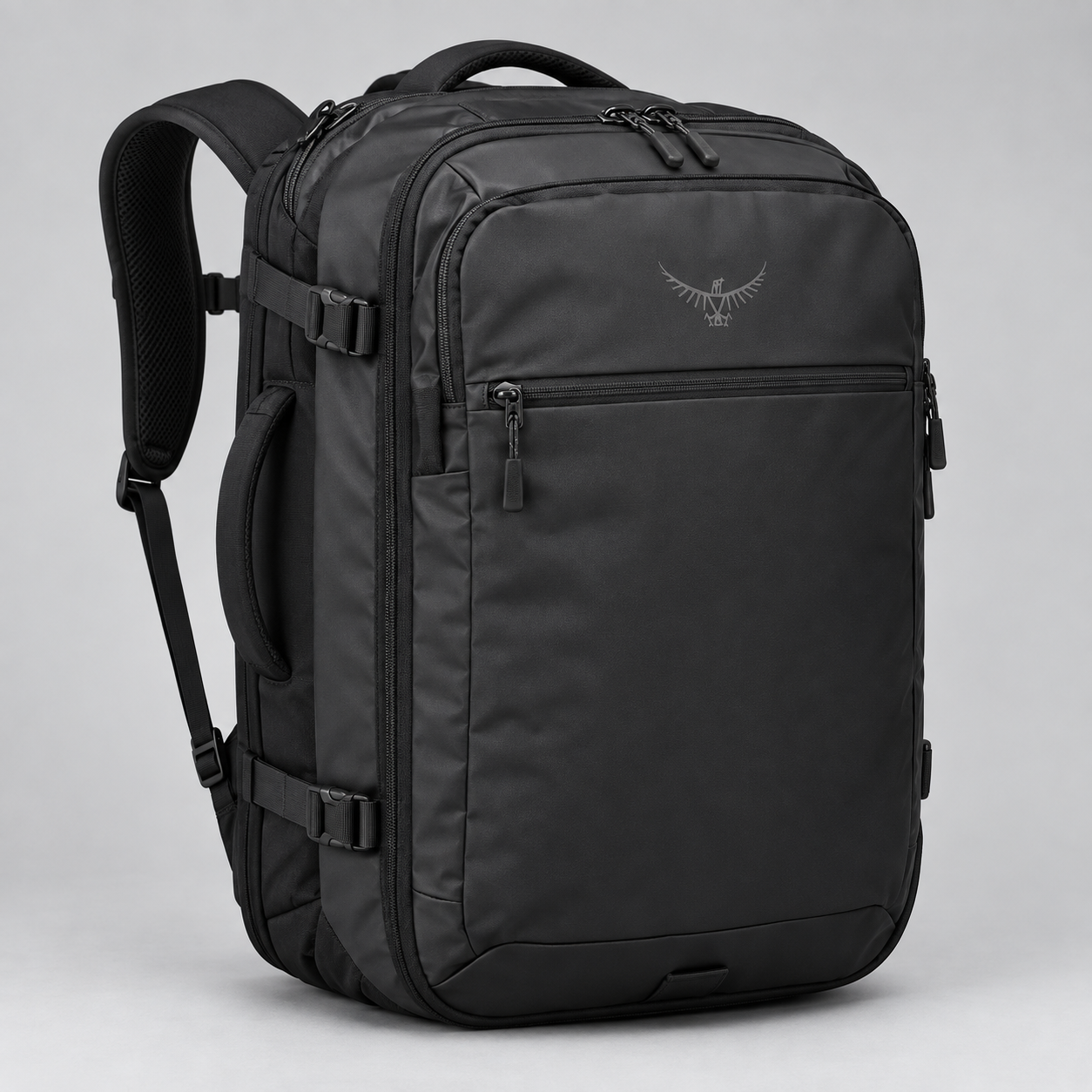 Illustration of a black expandable travel backpack against a light studio background