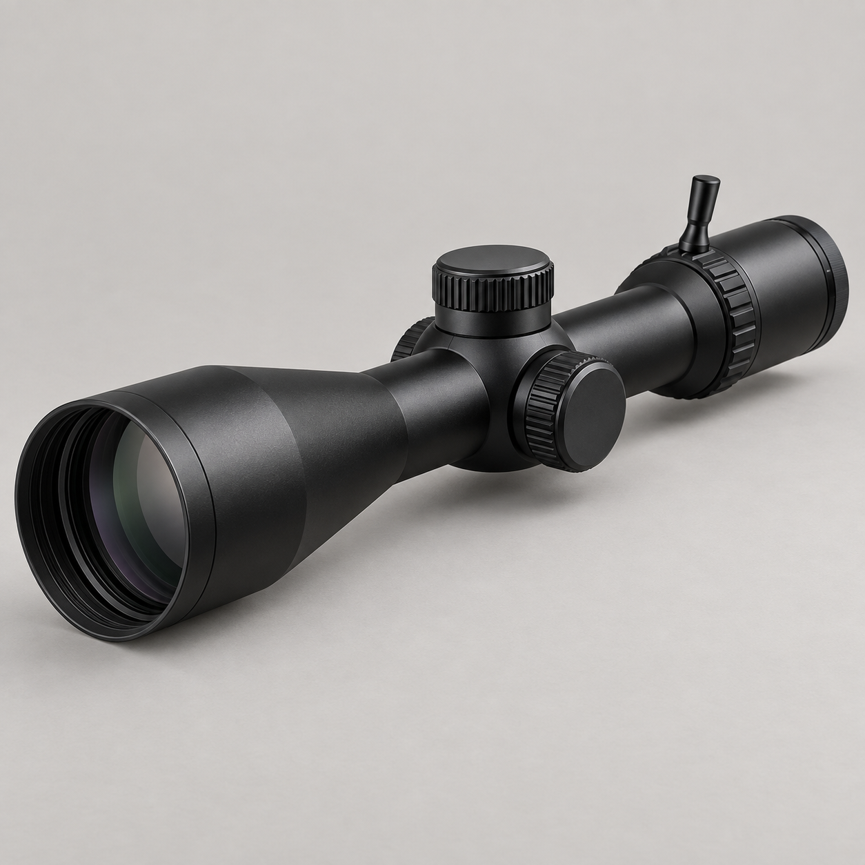 Illustration of a compact black riflescope with a large objective lens, adjustment turrets, and throw lever against a light studio background.