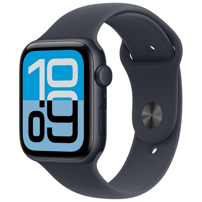 Apple Watch SE 3 GPS 44mm with Midnight aluminum case and dark sport band.