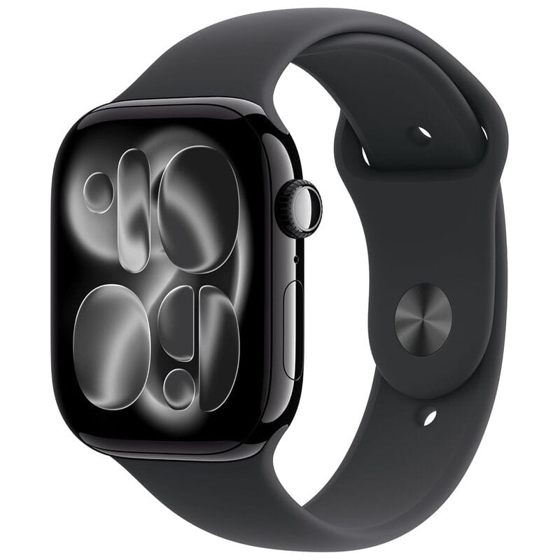 Apple Watch Series 11 GPS 46mm with Jet Black aluminum case and black sport band.
