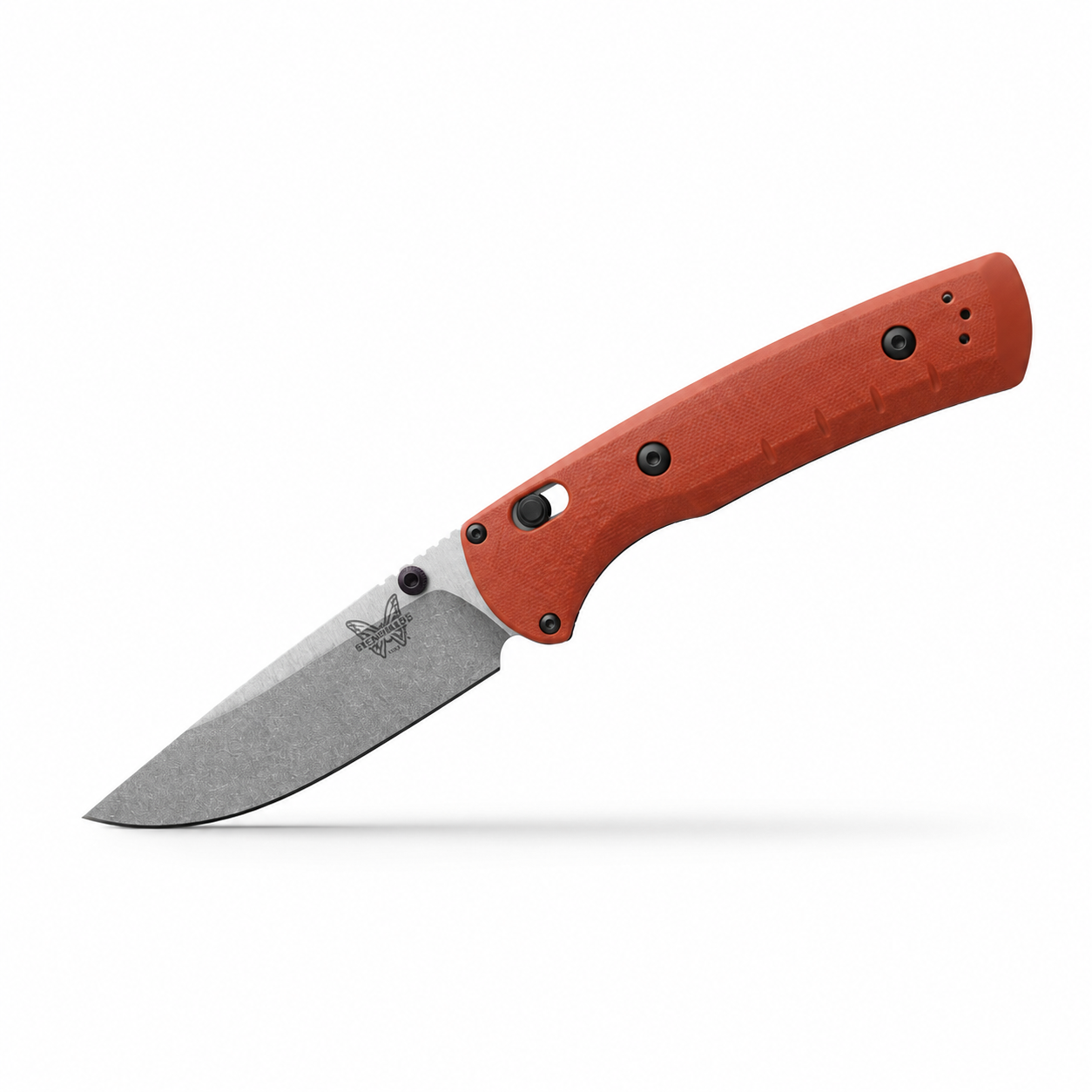 Open Benchmade SlipRidge folding knife with Rust Orange G10 handle, AXIS lock, thumb stud, and MagnaCut blade