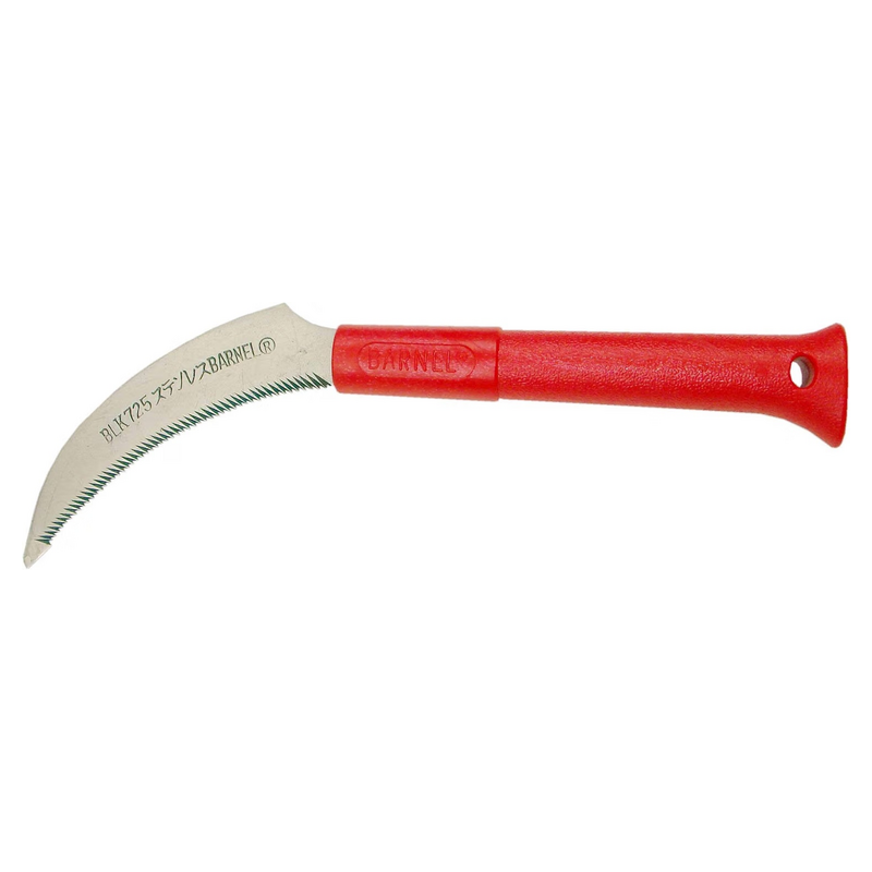 Red-handled landscape and harvest knife with a curved serrated stainless-steel blade