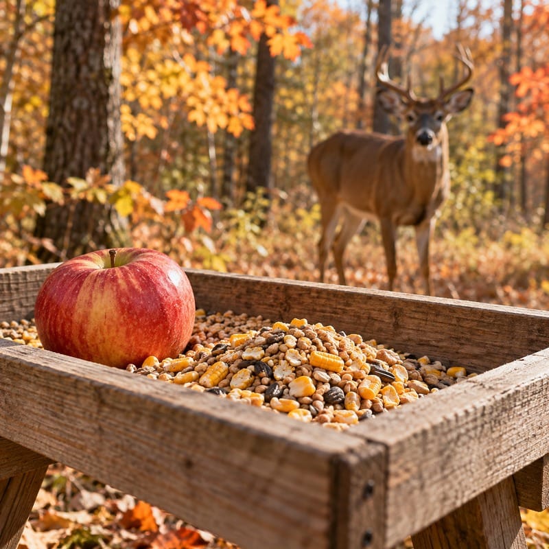 Illustrative apple and granular deer feed at a woodland feeding site.