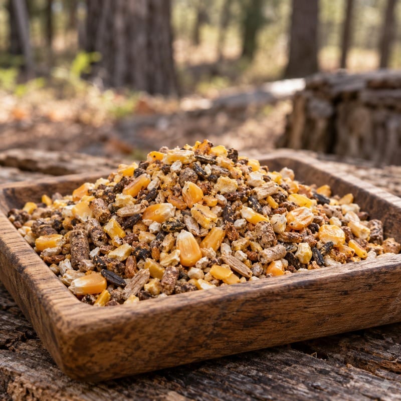 Illustrative close-up of granular deer feed in a wooden tray.