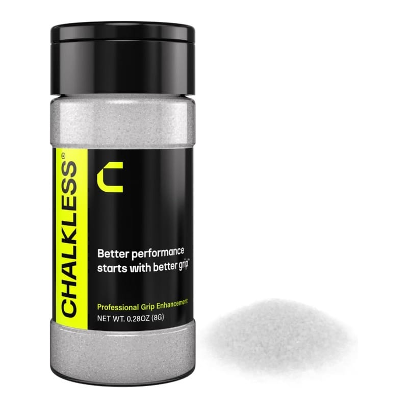 Chalkless professional dry grip enhancer in an 8-gram bottle with granular formula displayed beside it.