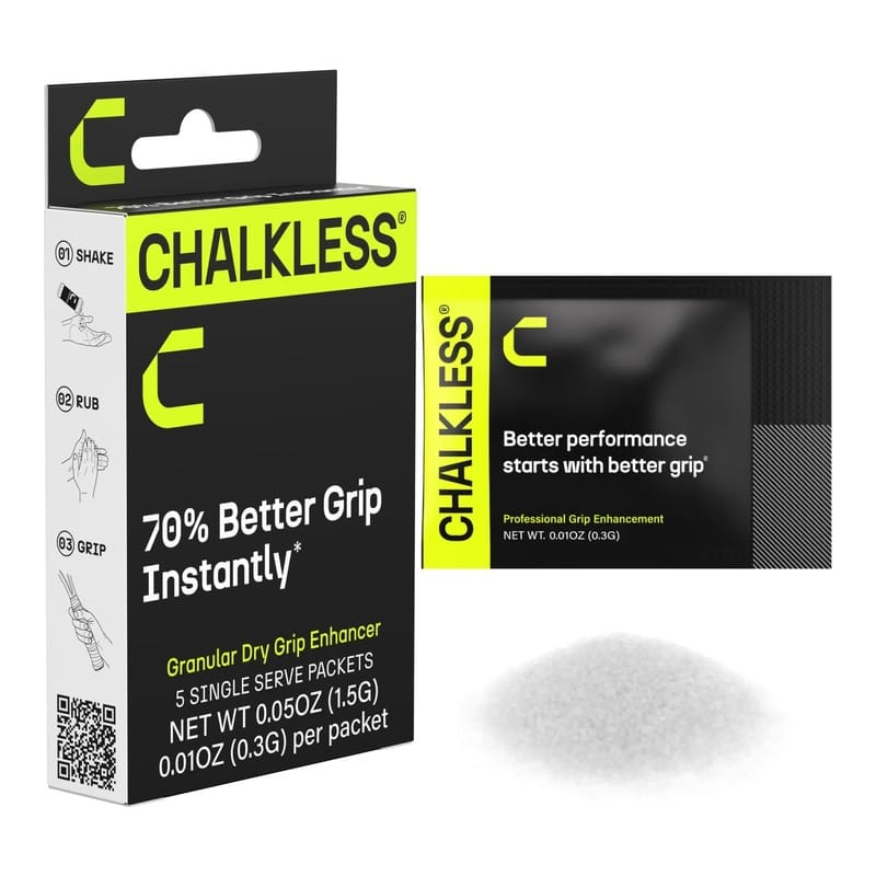 Chalkless granular dry grip enhancer box with five single-serve packets and loose granules.