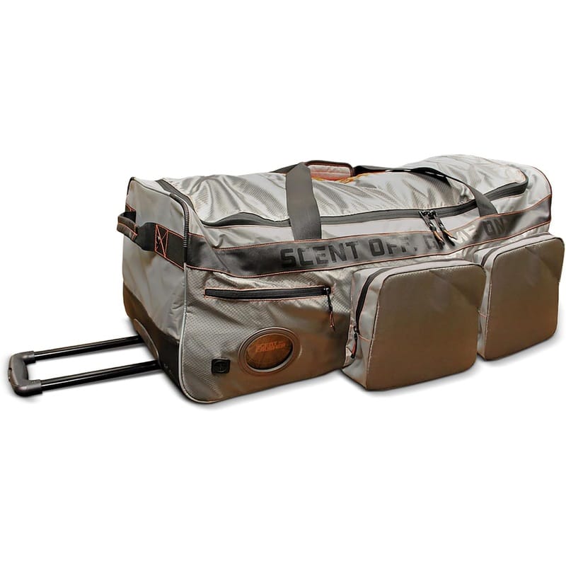 Wheeled gear scent crusher roller bag with a pull handle and multiple pockets for transporting hunting gear.