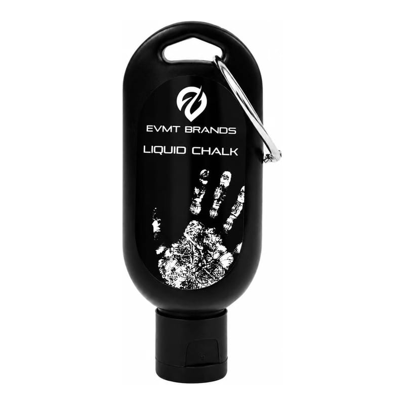 EVMT Brands liquid chalk in a compact black carabiner bottle for improved hand traction.