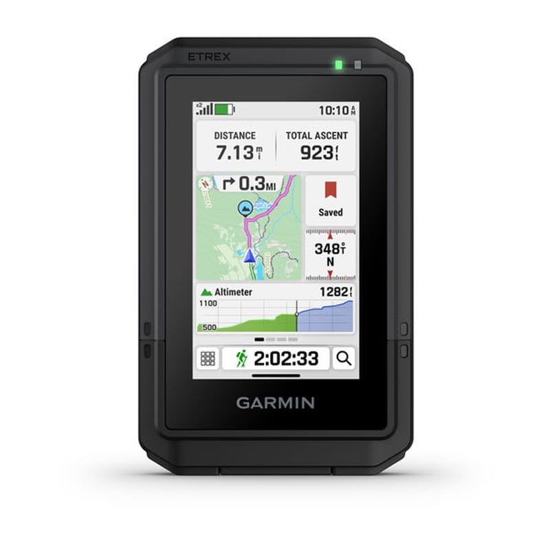 Front view of Garmin eTrex Touch showing a map, distance, elevation, and trip time