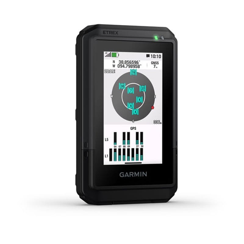 Angled Garmin eTrex Touch displaying satellite reception information