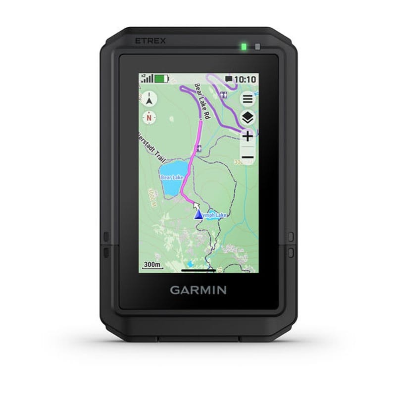 Garmin eTrex Touch showing a highlighted trail route beside lakes