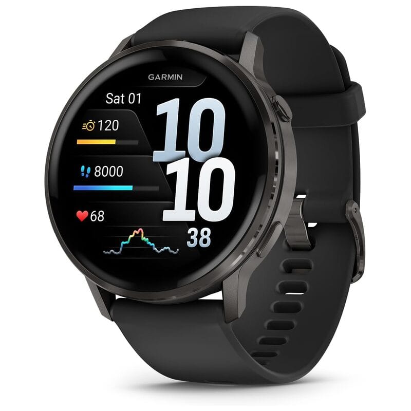 Garmin Venu 4 45mm with a black band and fitness data on its display.