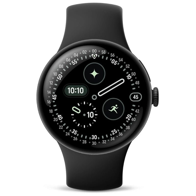 Black Google Pixel Watch 4 45mm showing a circular watch face.