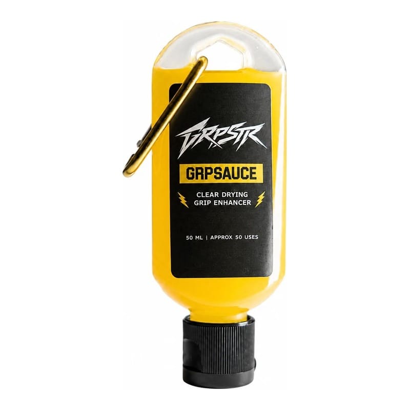 Gripster GripSauce clear-drying grip enhancer in a yellow 50 ml carabiner bottle.