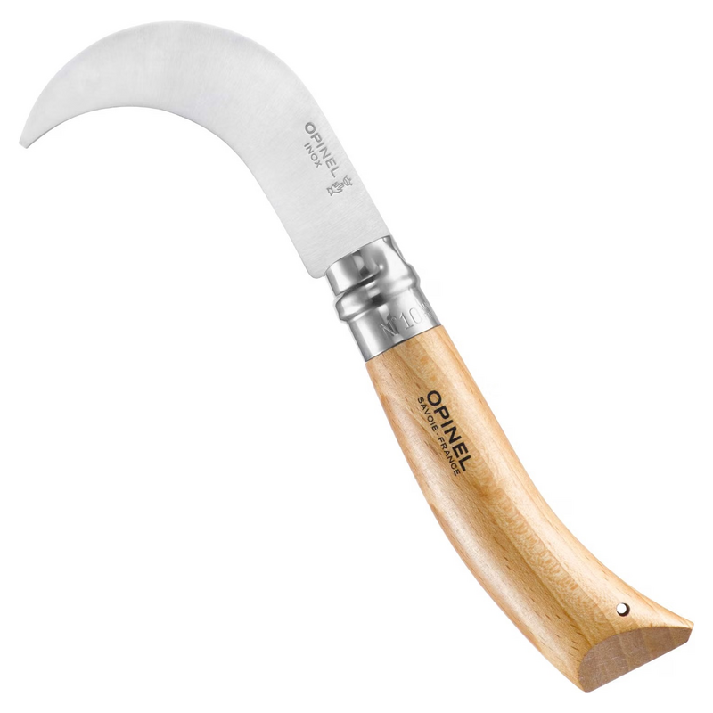 Wood-handled folding billhook pruning knife with a deeply curved stainless-steel blade