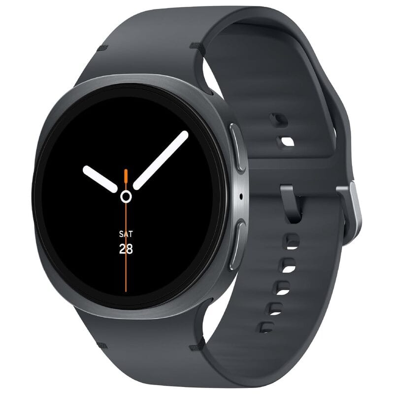 Samsung Galaxy Watch8 44mm in graphite with a dark band and analog watch face.