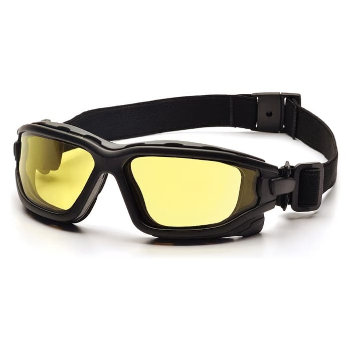 Black shooting goggles with yellow lenses and adjustable strap