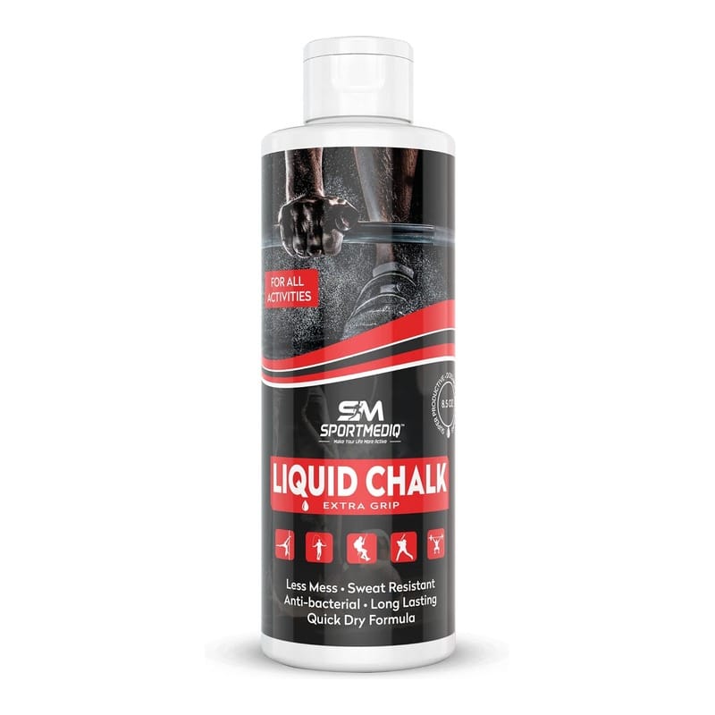 Sportmediq Liquid Chalk Extra Grip in an 8.5-ounce quick-drying, sweat-resistant bottle.