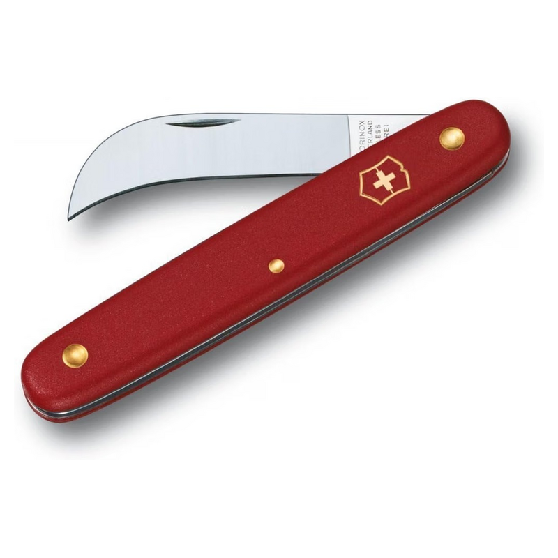 Compact red folding pruning knife with a curved stainless-steel blade