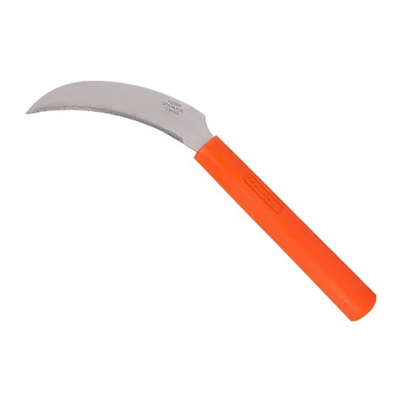 Orange-handled fixed pruning and harvest knife with a compact curved blade