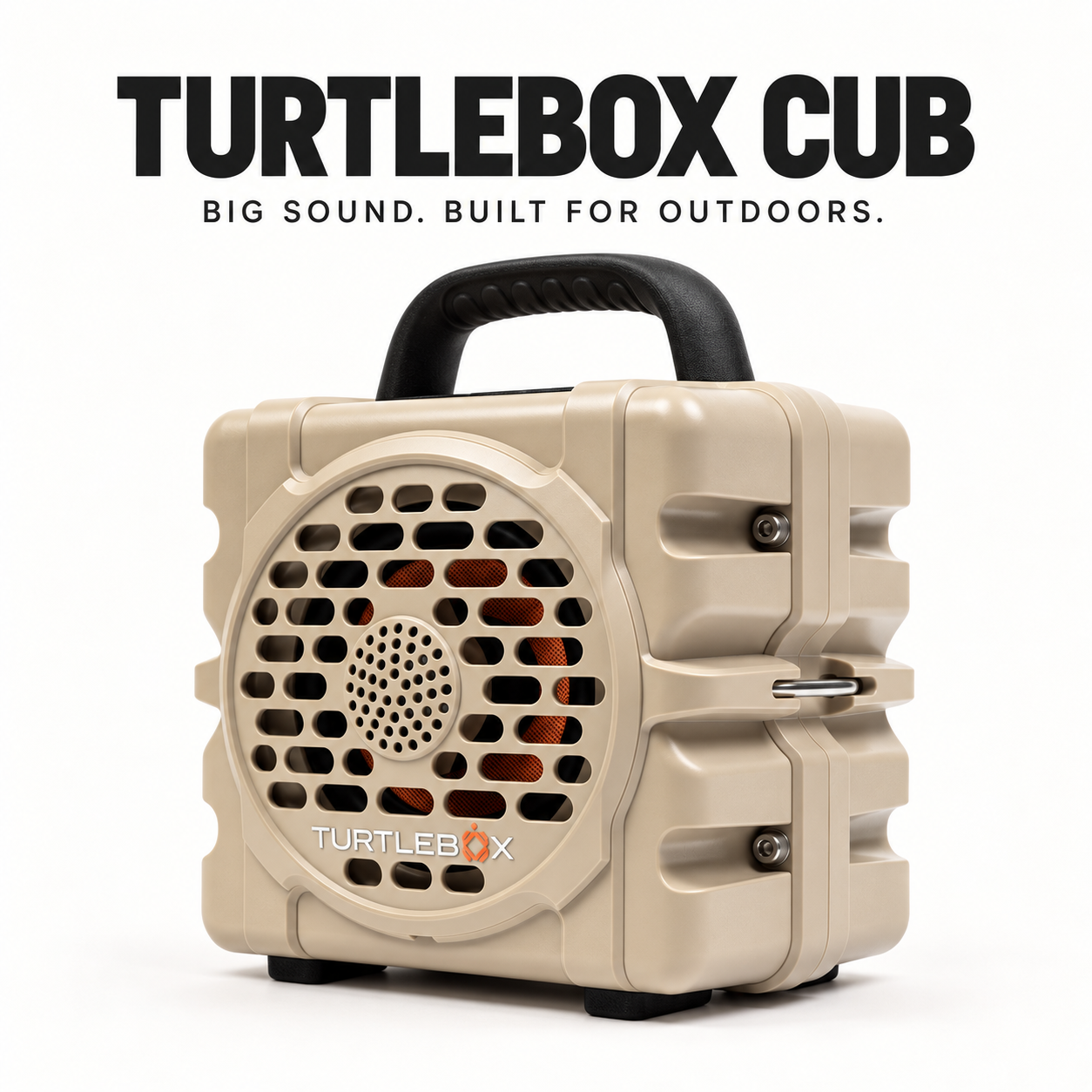 Tan Turtlebox Cub Bluetooth speaker with black carry handle, front grille, and stainless steel tie-down on a white background.