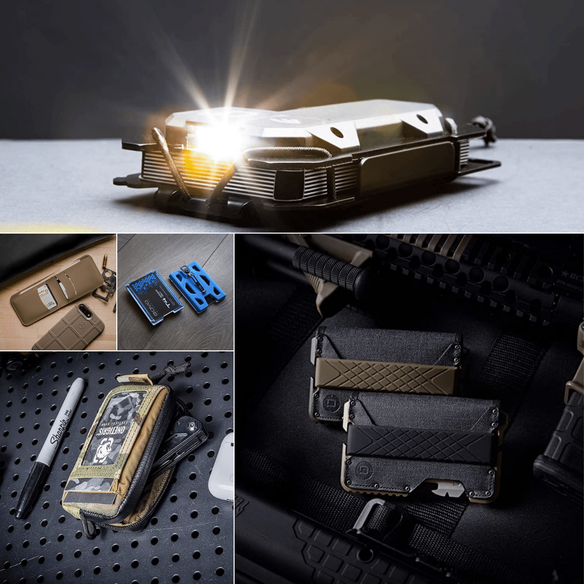 Wallets alongside a phone, an AR15, a Sharpie, and one shining its flashlight