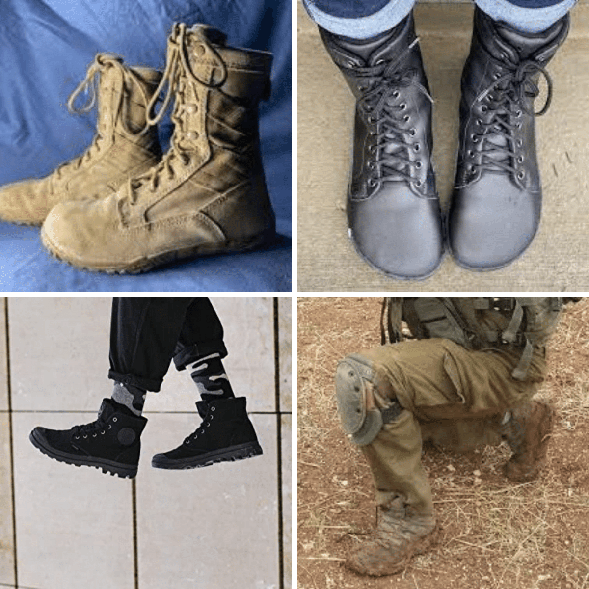 2 pairs of black boots and 2 pairs of desert tan boots, all used.