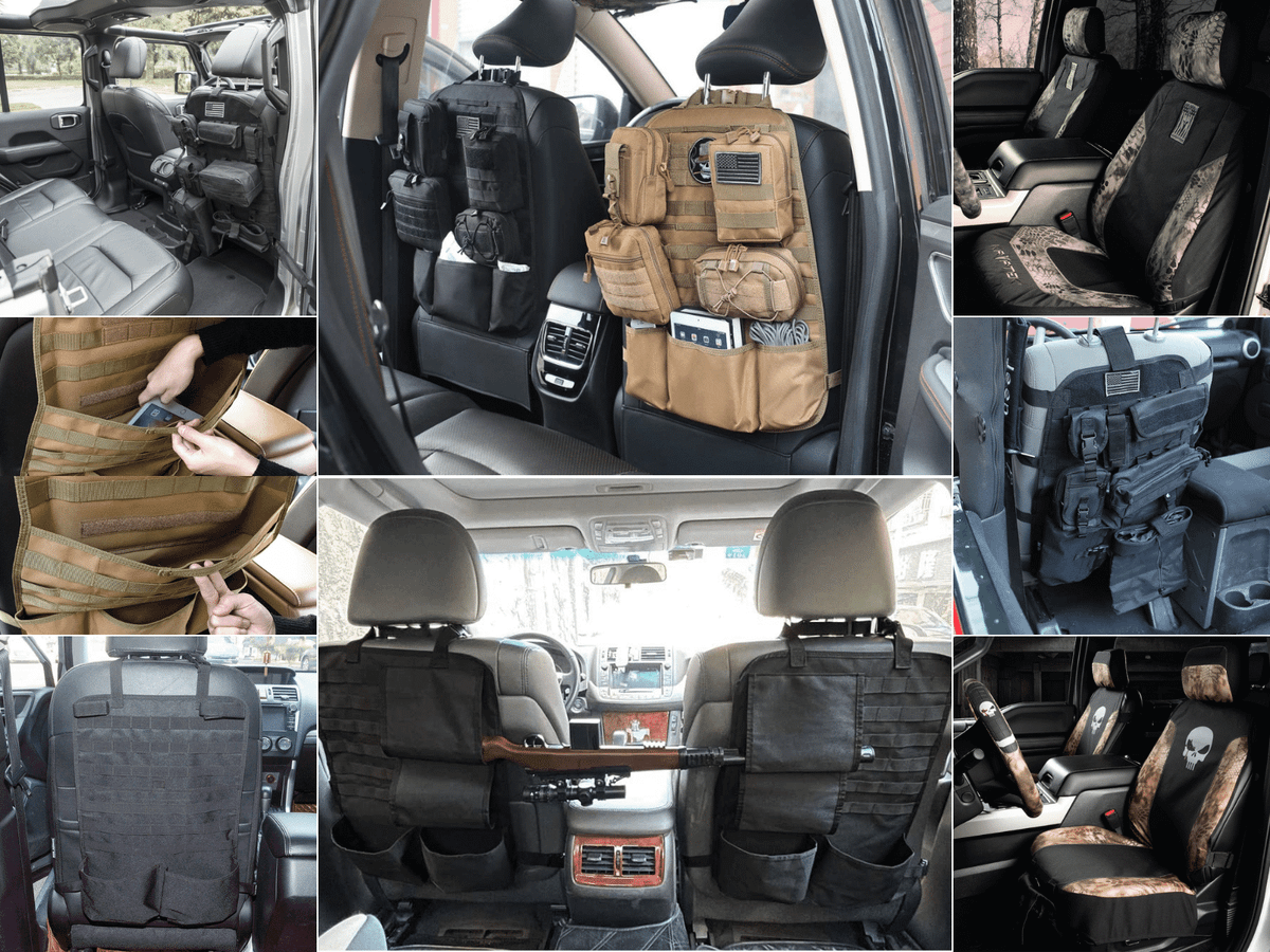 8 different seat covers, all with tactical options including MOLLE pouches and rifle carriers