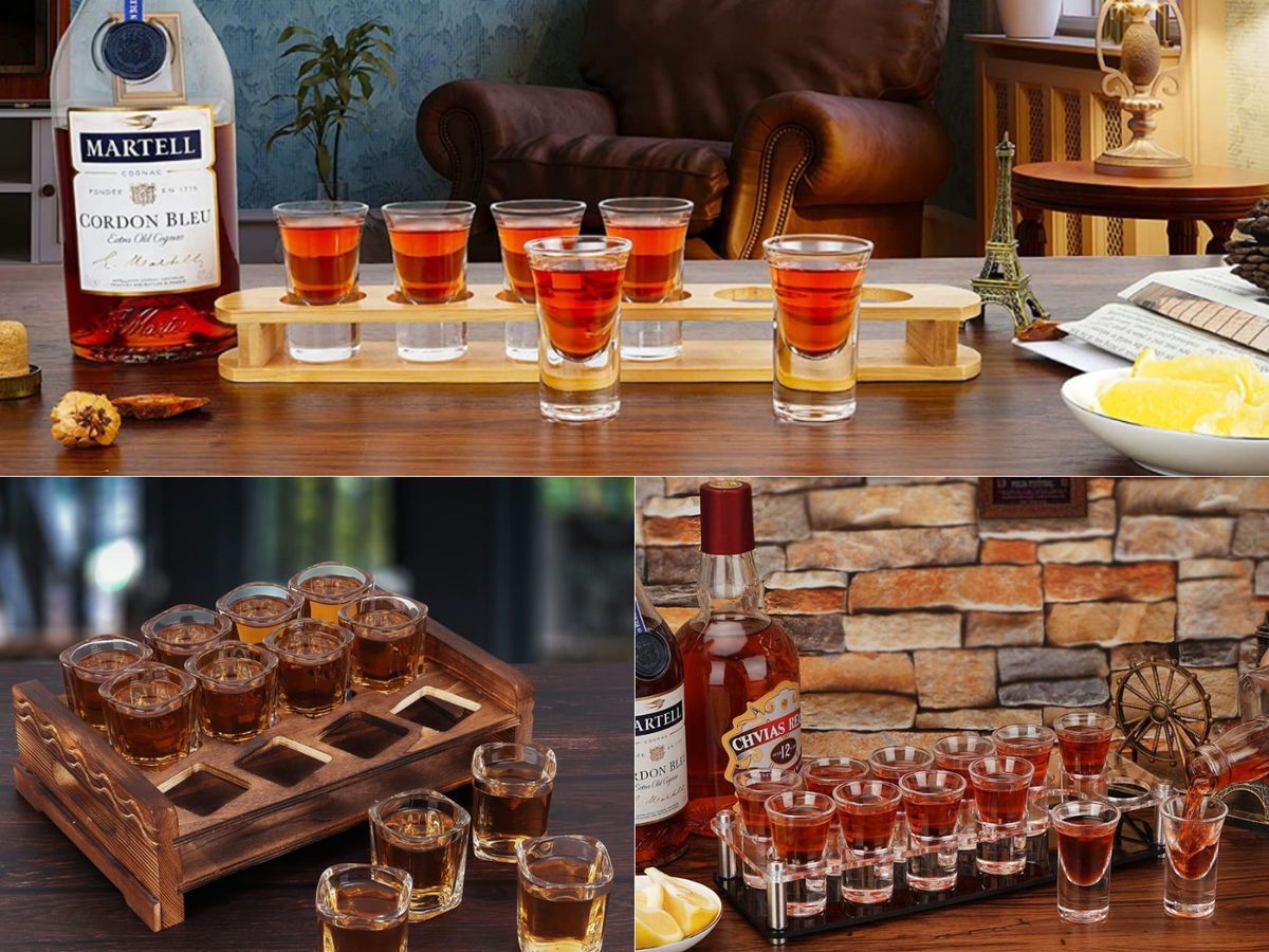3 different shot glass holders, each holding poured shots and shown with "Spirts" at the bar