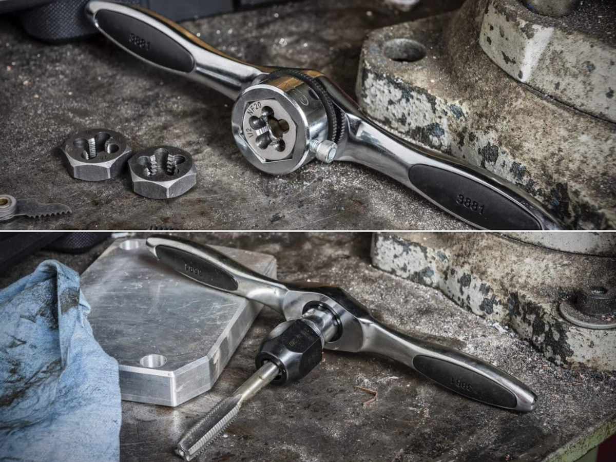 Gearwrench handles shown holding a tap and another is holding a die