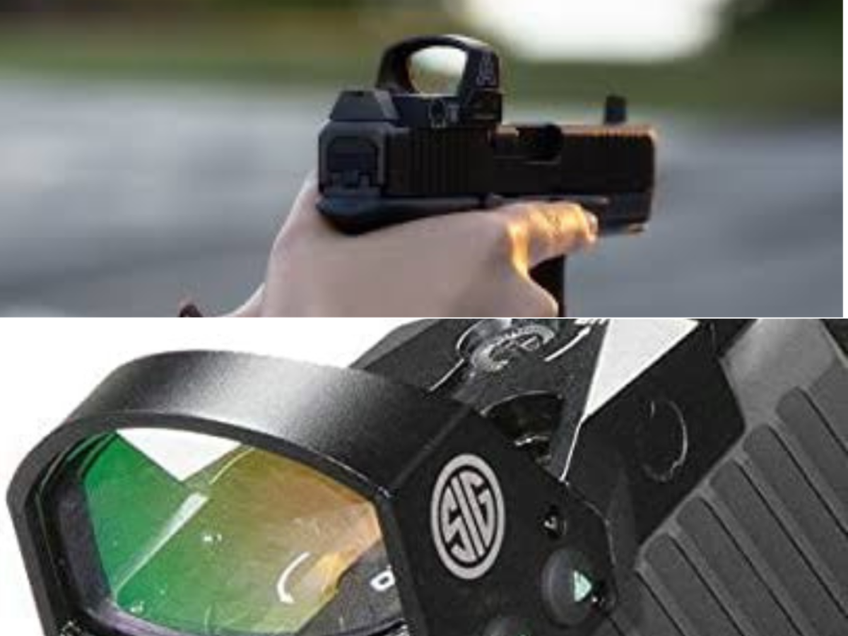 A man aiming a P320 with suppressor height sights and a Sig red dot using suppressor height sights.