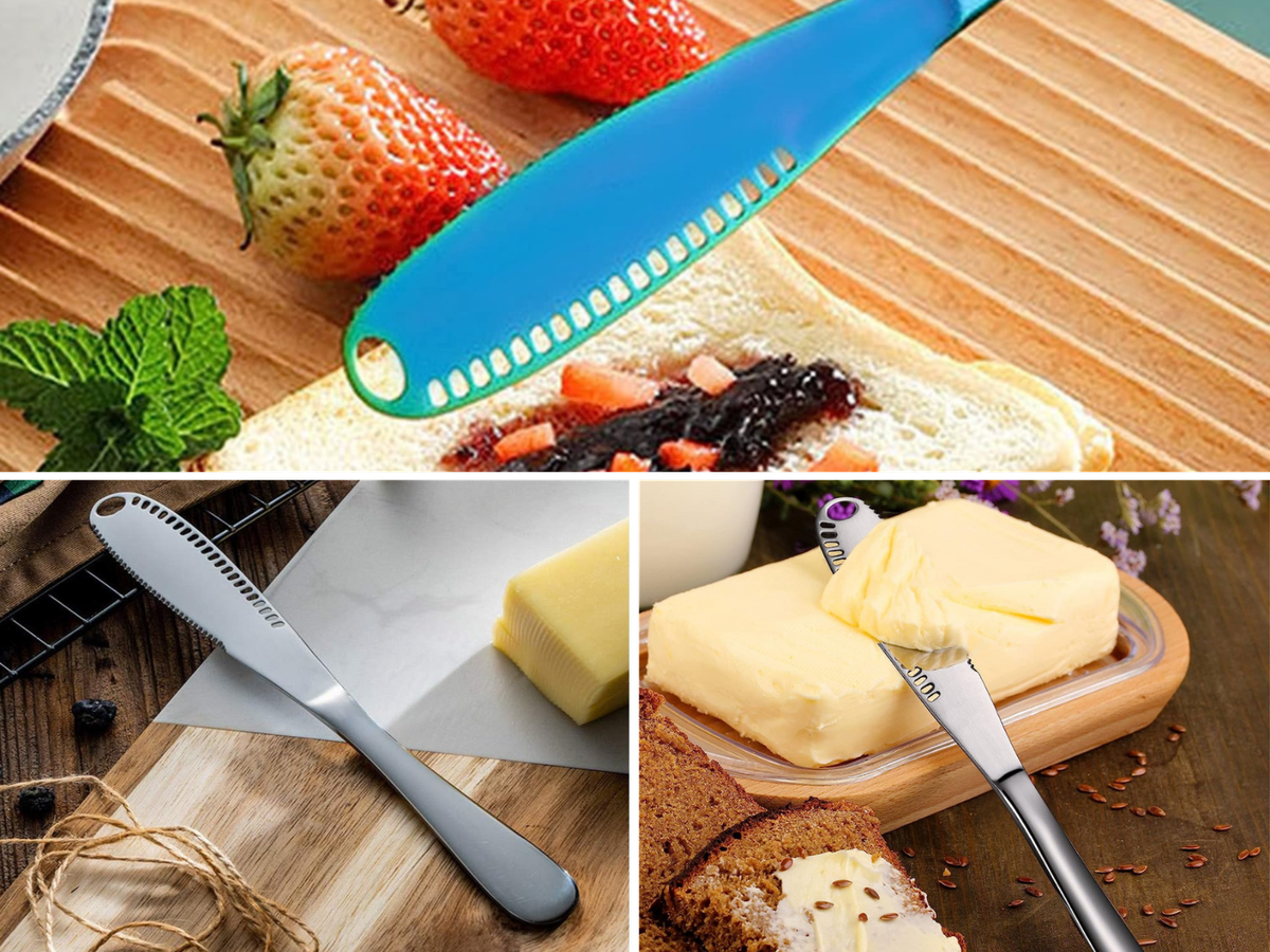 Butter knives shown in three settings with toast, fruit and more!