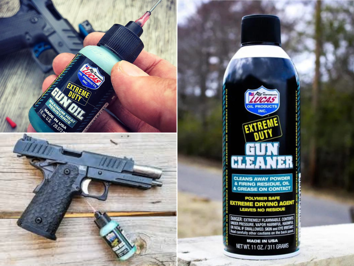 Lucas Extreme Duty gun oil pictured in a mans hand and beside a pistol on a bench and Extreme Duty Gun Cleaner.