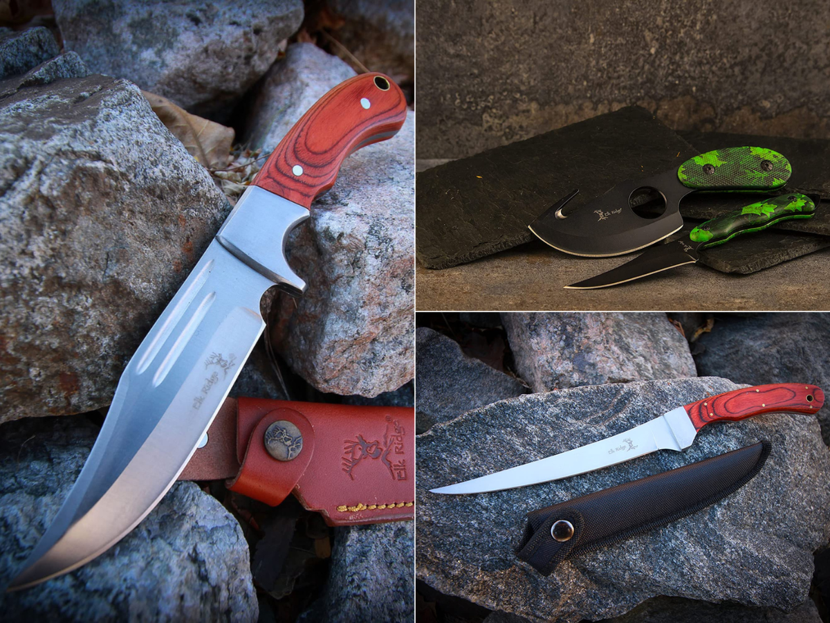 A wood handle fixed blade bowie and a fillet knife with sheaths, and a camo pair, skinner, and gut hook.