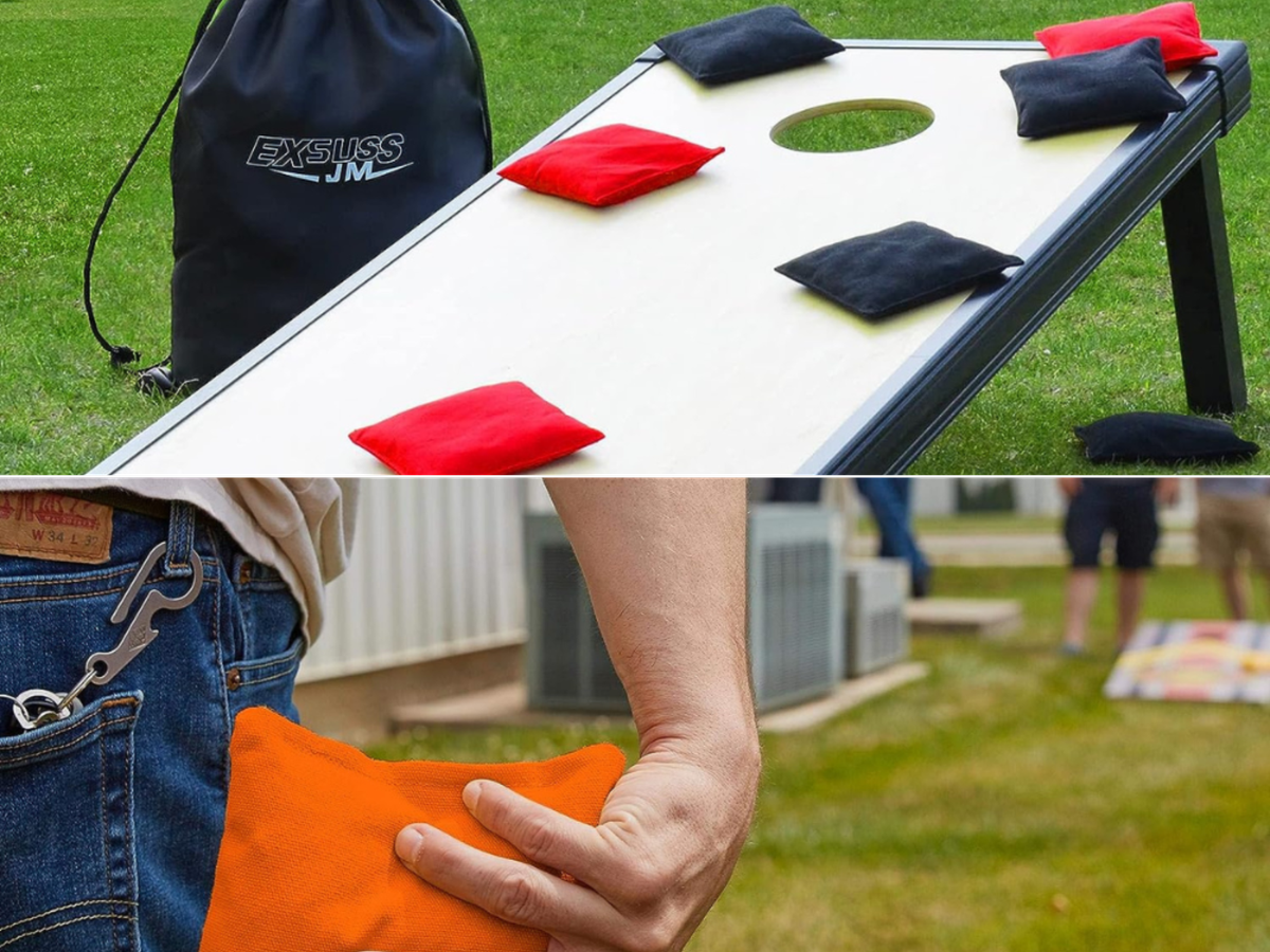 Red and black pro corhole bags on a cornhole board, a man tossing an orange cornhole bag.