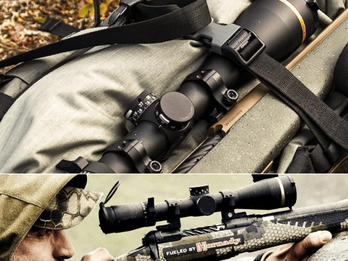 A rifle with large scope laying on a case, and a man shooting with his Leupold scope on a bolt action rifle.