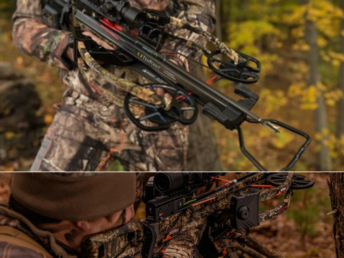 A man with a crossbow standing next to a tree, and a man aiming his crossbow at his target.