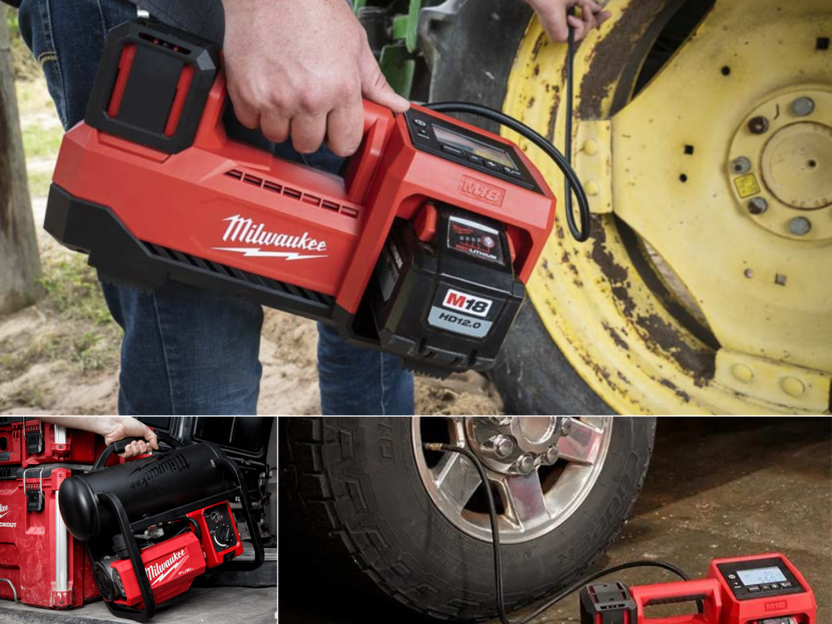 A man airing a tractor tire, another loading a Milwaukee compressor with Milwaukee tool boxes, and another hooked to a tire.