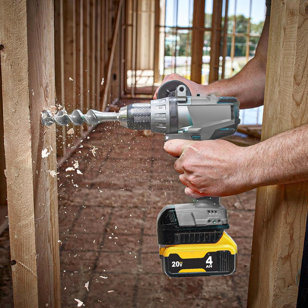 A man using his DeWalt battery on a Milwaukee drill, drilling holes in 2x4s.