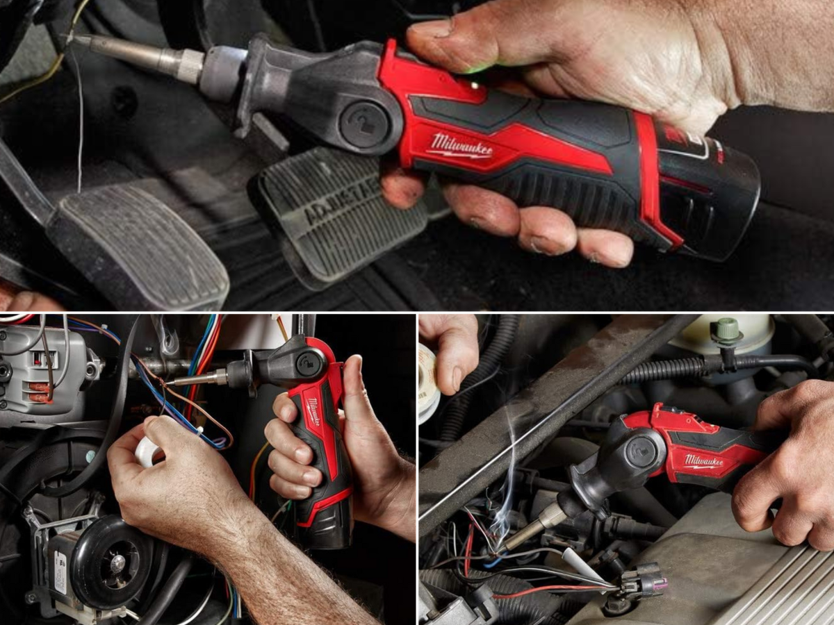 The M12 soldering iron being used in all 3 positions while working on a car.