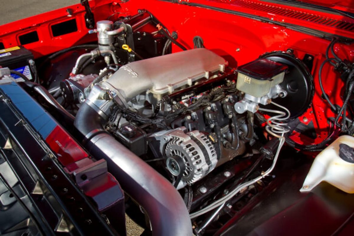 A Holley intake on an LS in an OBS LS swapped truck.