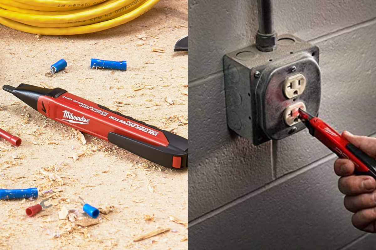 A Milwaukee Detector laying on the floor with scrap electrical connectors, and a man testing an outlet.