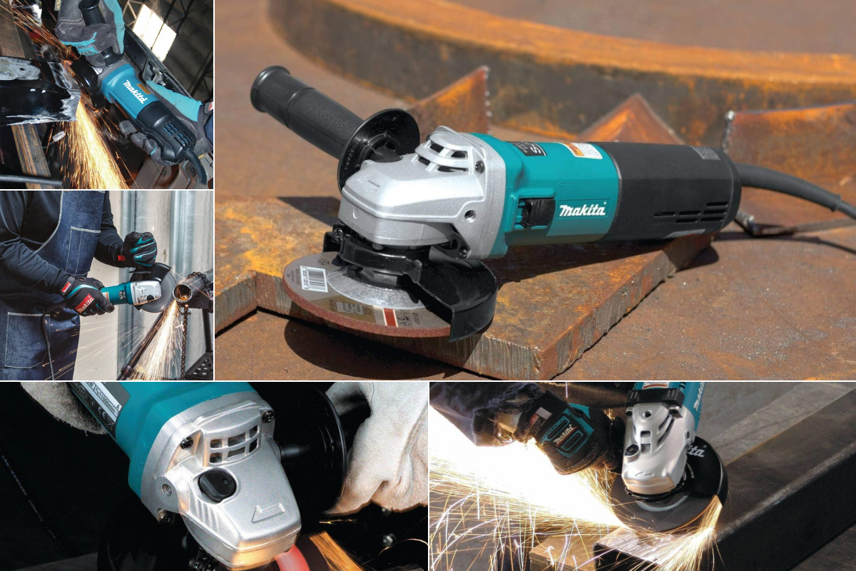 4 different men using angle grinders on steel, and an angle grinder sitting on some thick steel plates.