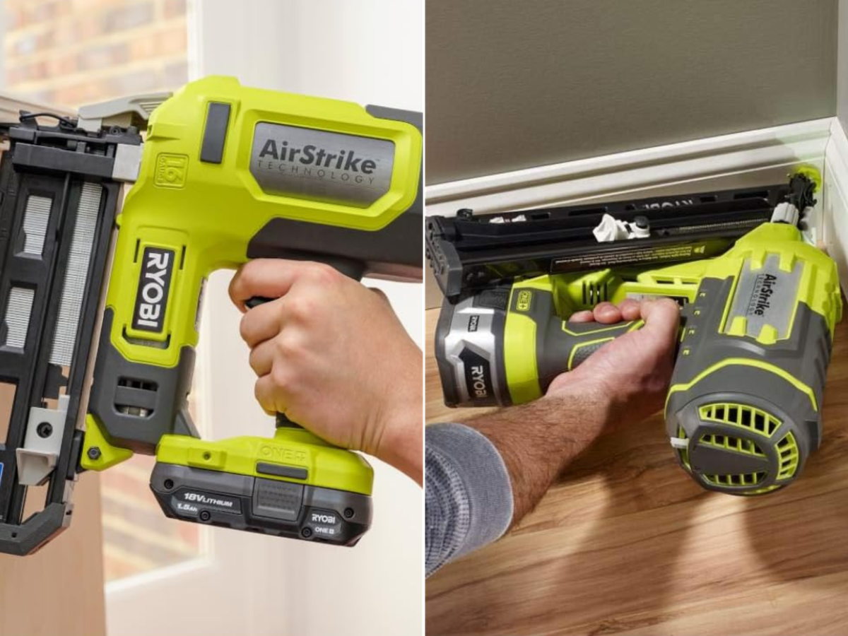 A man using a straight Ryobi nailer and another using an angled cordless nail gun.