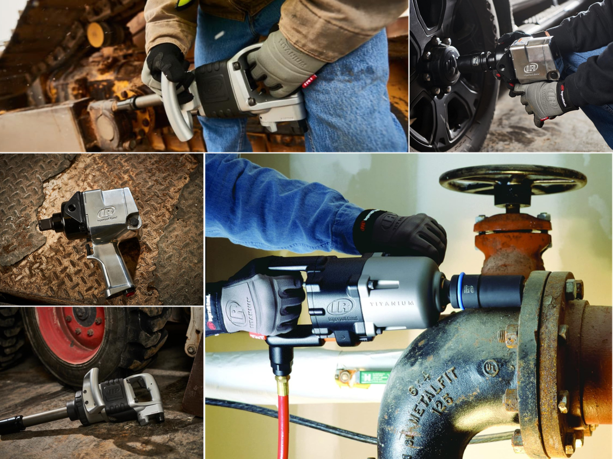 2 pictures of men using 1" impact wrenches, and 3 pictures of Ingersoll's laying out ready to work.