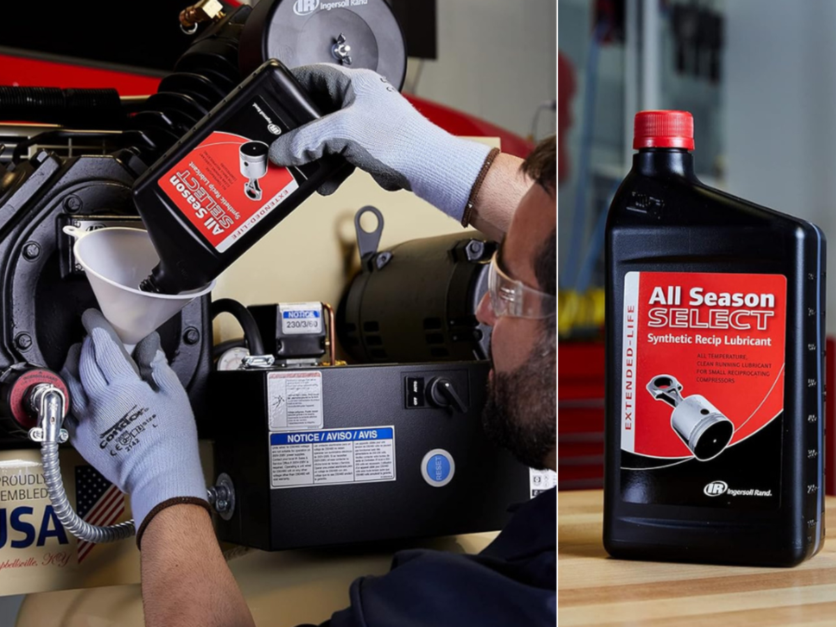 A quart of compressor oil on a bench, and a man pouring oil into an Ingersoll compressor