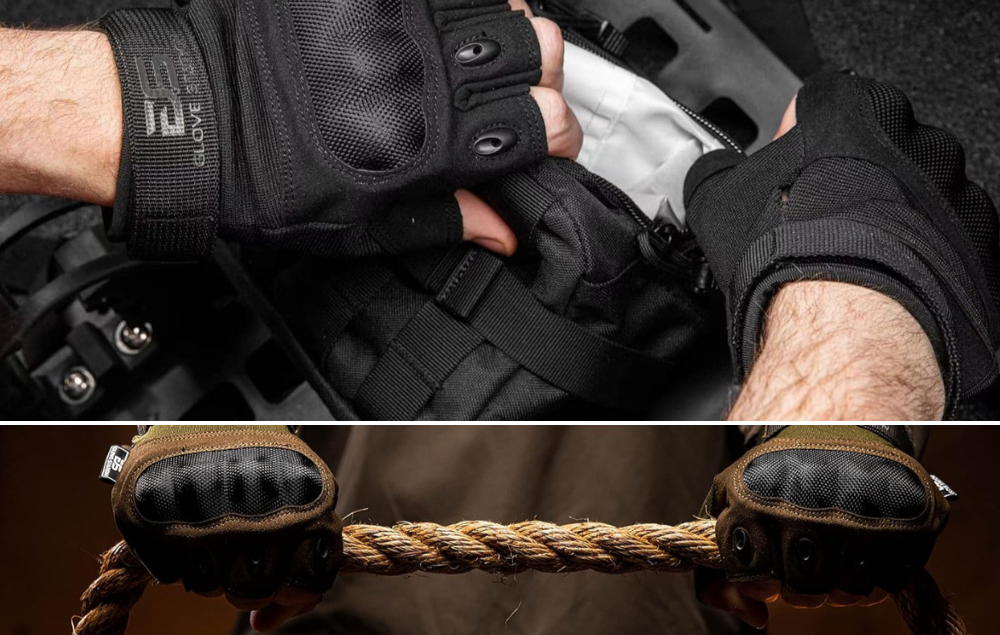 A man going through his backpack with fingerless gloves, someone holding a large rope with tactical gloves.