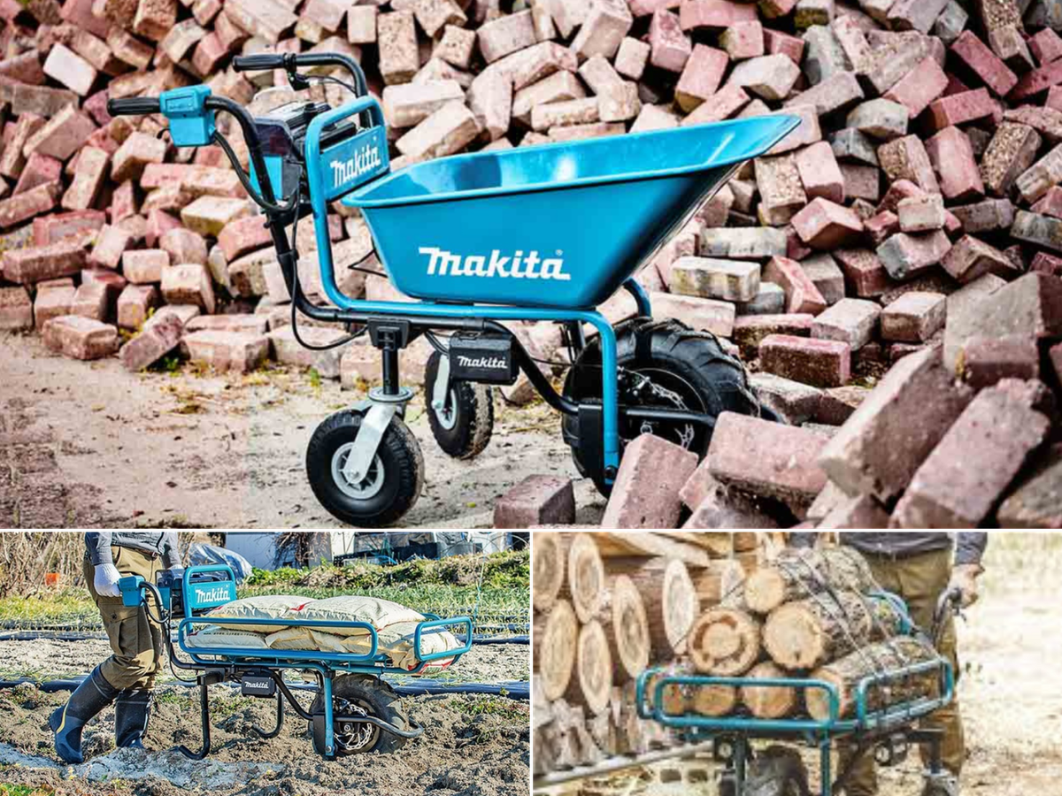 A man moving 5 large bags, another hauling wood, and a wheelbarrow sitting next to a woodpile.